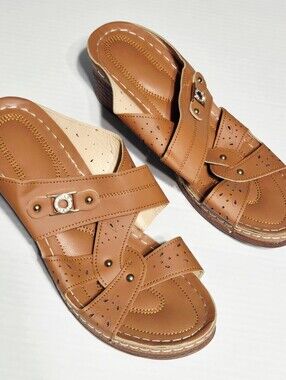 Women's Brown Comfort Slide Sandals Size 43 Open Toe Block Heel Cushioned New